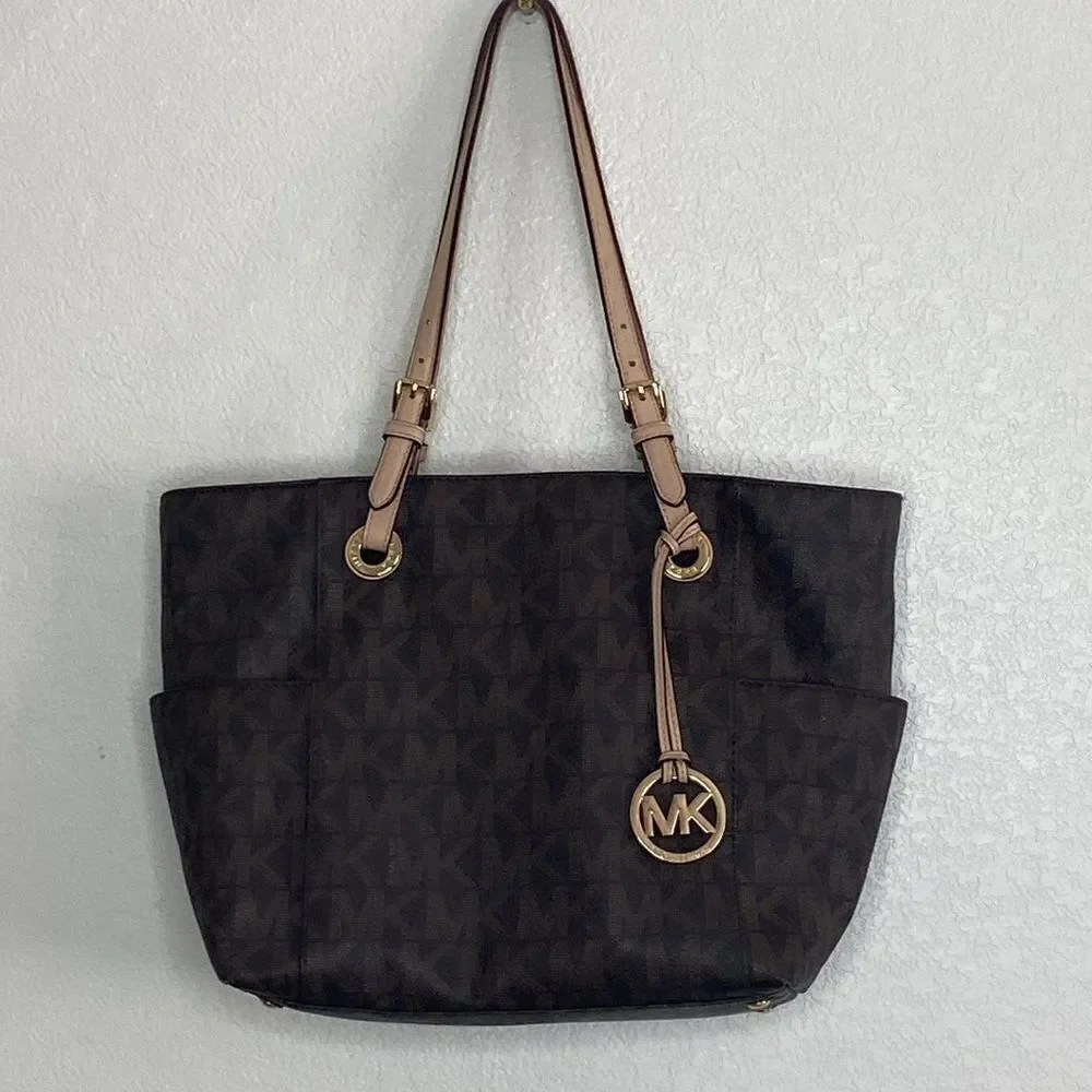 MICHAEL KORS Women’s Logo Monogram Pocket Tote Brown Bag